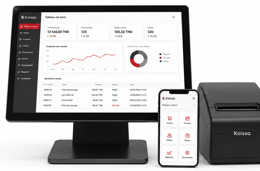 Caisse tactile Kaissa, application mobile et imprimante ticket