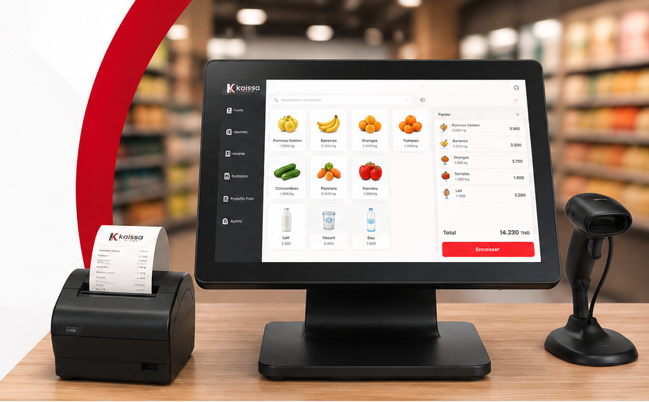 Caisse tactile, imprimante et scanner Kaissa sur un comptoir